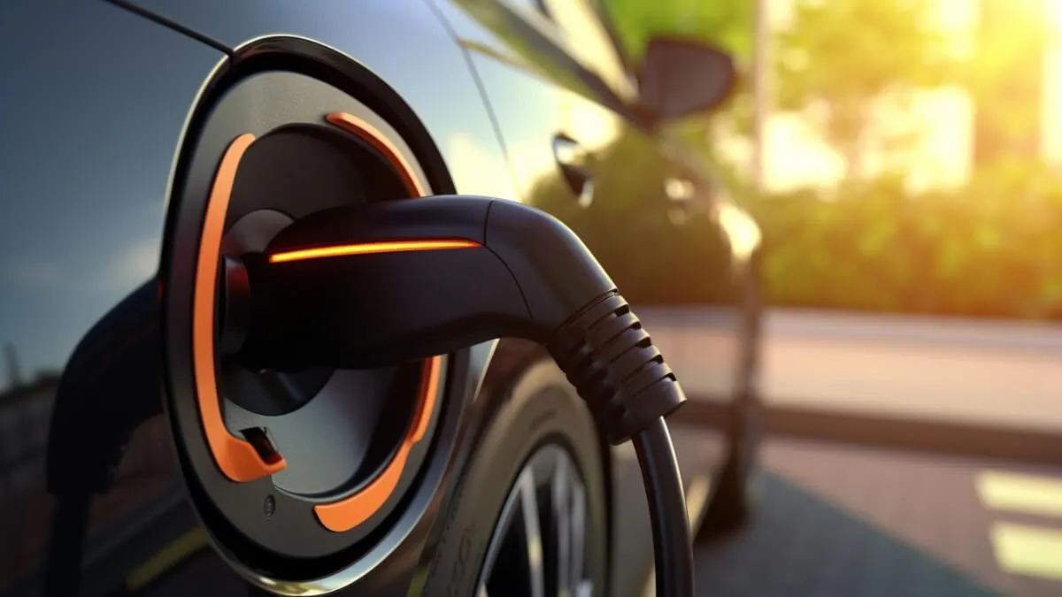 A close-up evening shot of an electric vehicle being charged on the street. The warm ambient lighting casts a soft glow over the car, emphasising its taillights and the charging cable connection.