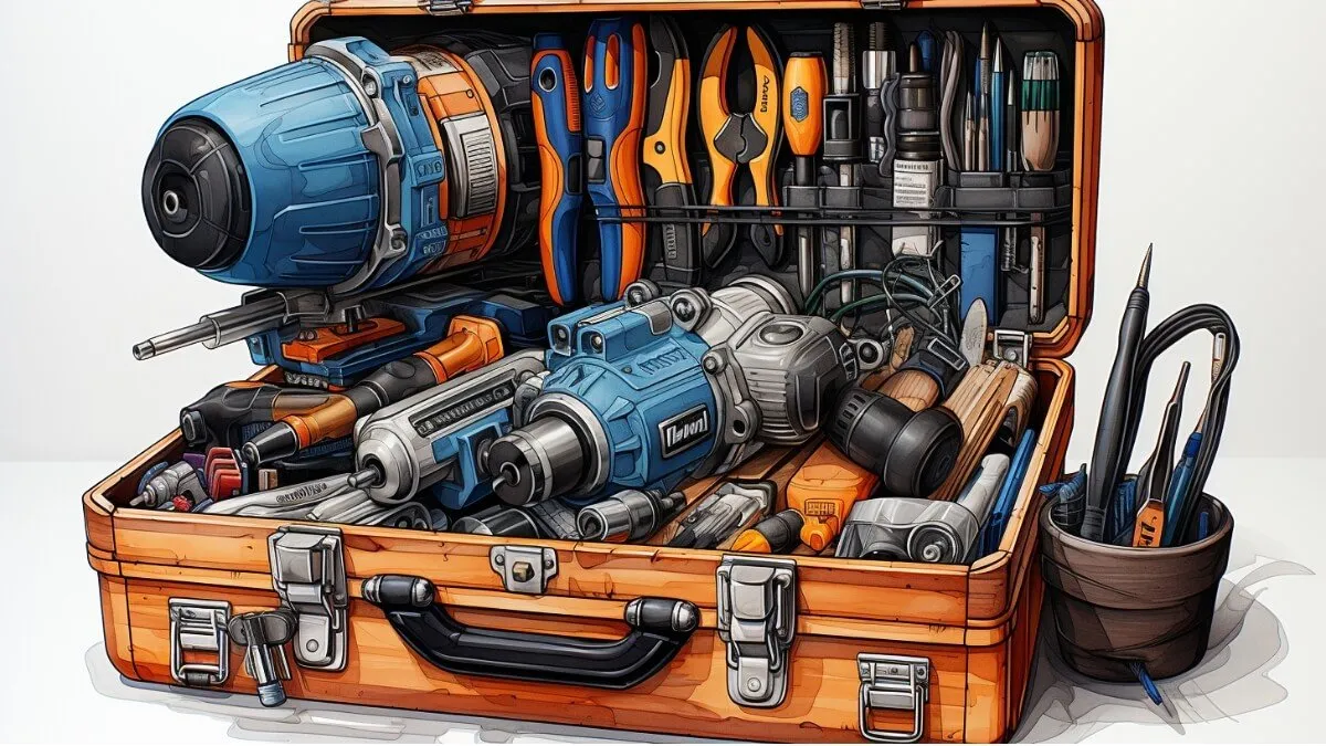 An intricately illustrated toolbox brimming with a multitude of tools. There’s a large power drill, several smaller drills, pliers, screwdrivers, and other miscellaneous tools. The details are meticulous, and the tools appear well-organized within the box.