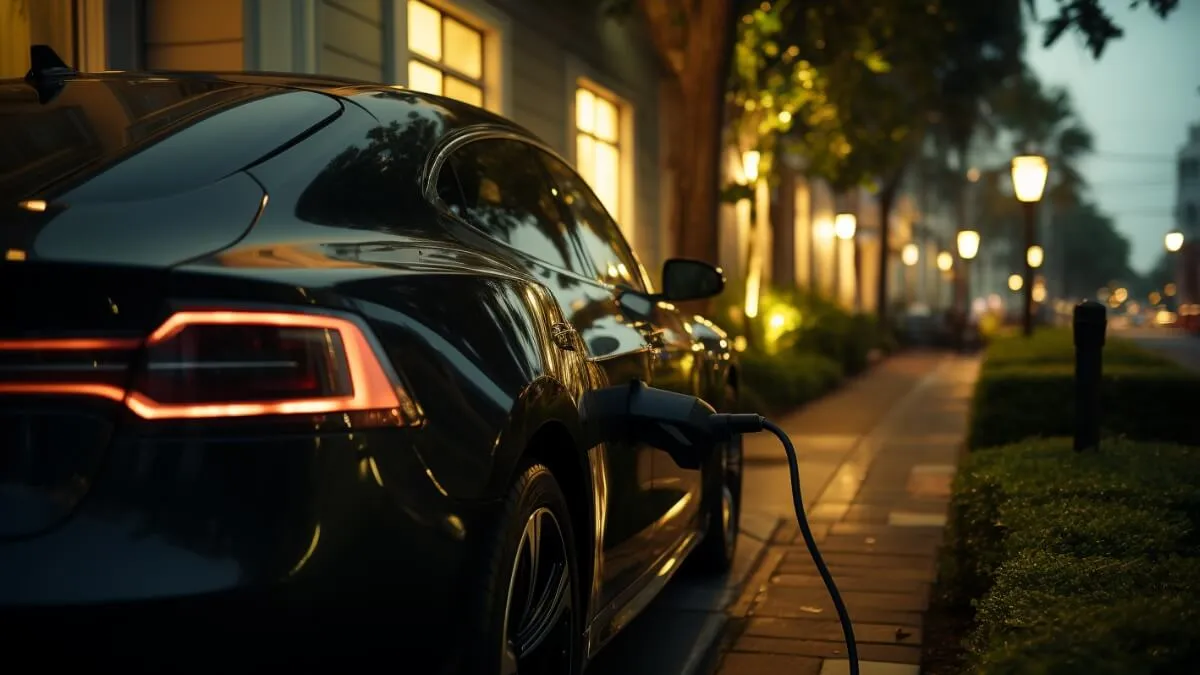A night scene of an electric vehicle plugged into a charging station on a tree-lined city street. Streetlights cast a soft, ambient glow, and the vehicle’s rear lights are illuminated, highlighting its connection to the charger.