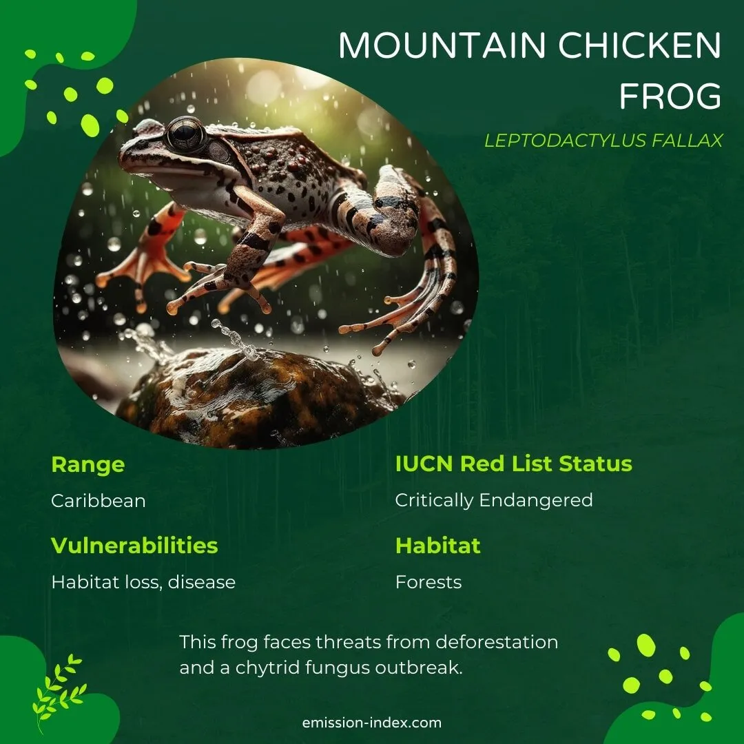 Mountain Chicken Frog leaping from one wet rock to another, capturing its strong legs and distinct markings in mid-motion.