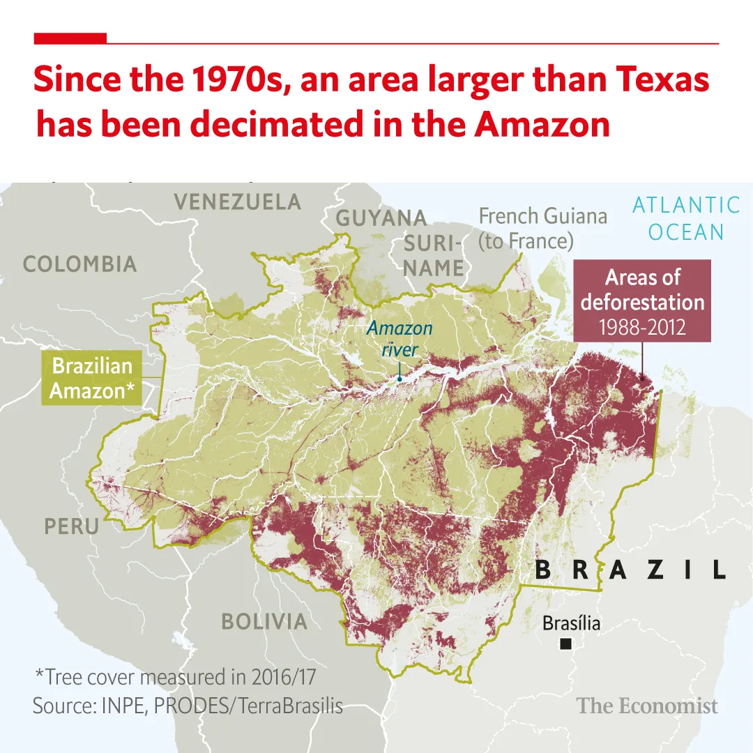 Map highlighting the areas of deforestation in the Amazon between 1988-2012. The Brazilian Amazon is prominently marked, with areas of tree cover measured in 2016