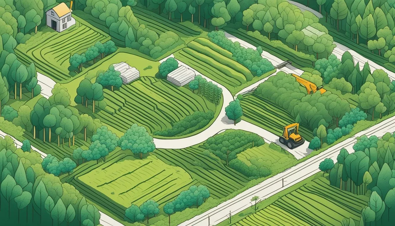 Lush forest being cleared for farming, with trees being cut down and land being cleared for agricultural development