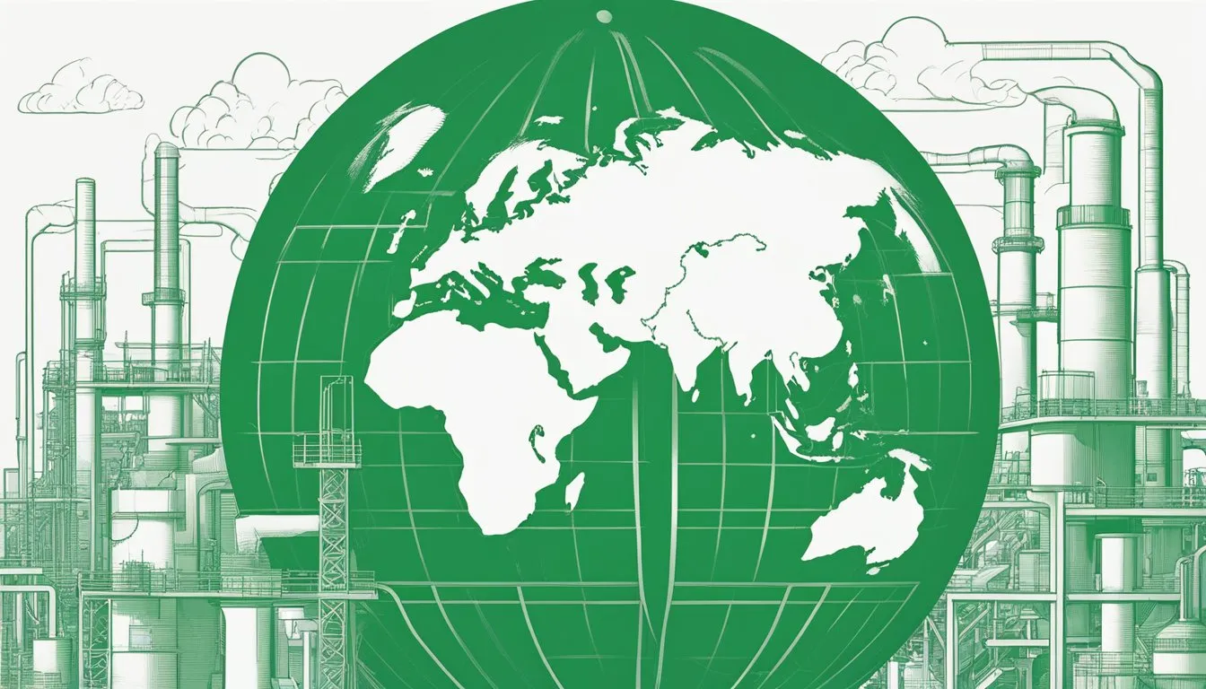 A globe surrounded by industrial smokestacks, with a scale showing decreasing emissions over time