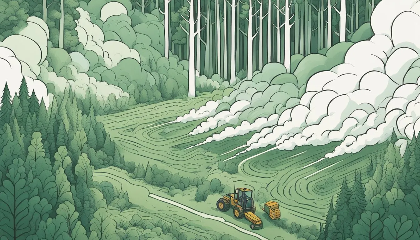 Lush forest clearing for crops, with trees being felled and burned. Smoke rises as wildlife flees
