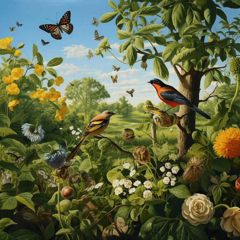 A close-up scene capturing the rich biodiversity of an agroforestry system, including beneficial insects pollinating flowers, birds nesting in tree branches, and a variety of plant species coexisting.