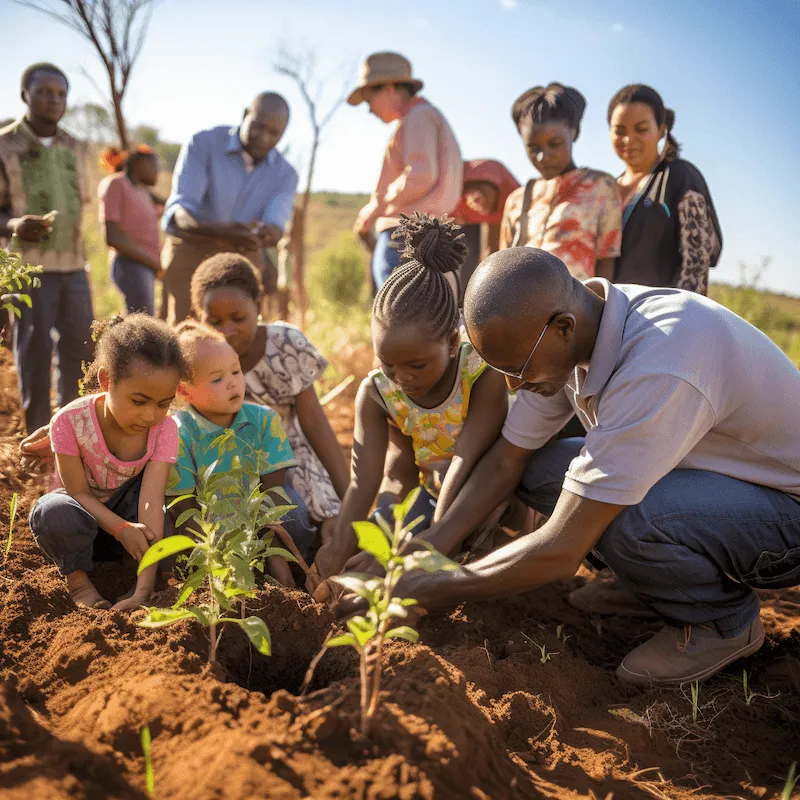 A group of diverse community members, including adults and children, joyfully planting young trees in a communal land area dedicated to agroforestry, under the warm afternoon sun.