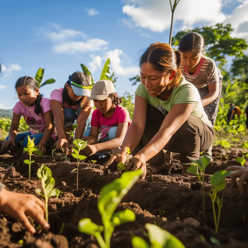 A group of diverse community members, including adults and children, joyfully planting young trees in a communal land area dedicated to agroforestry, under the warm afternoon sun.