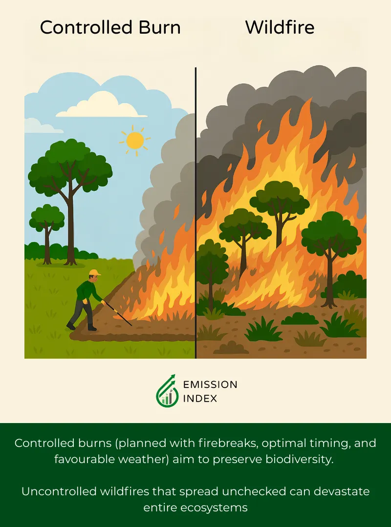 A visual explaining how controlled burns are set up (firebreaks, specific timing, weather conditions) versus a depiction of uncontrolled wildfires that destroy large swathes of biodiversity.