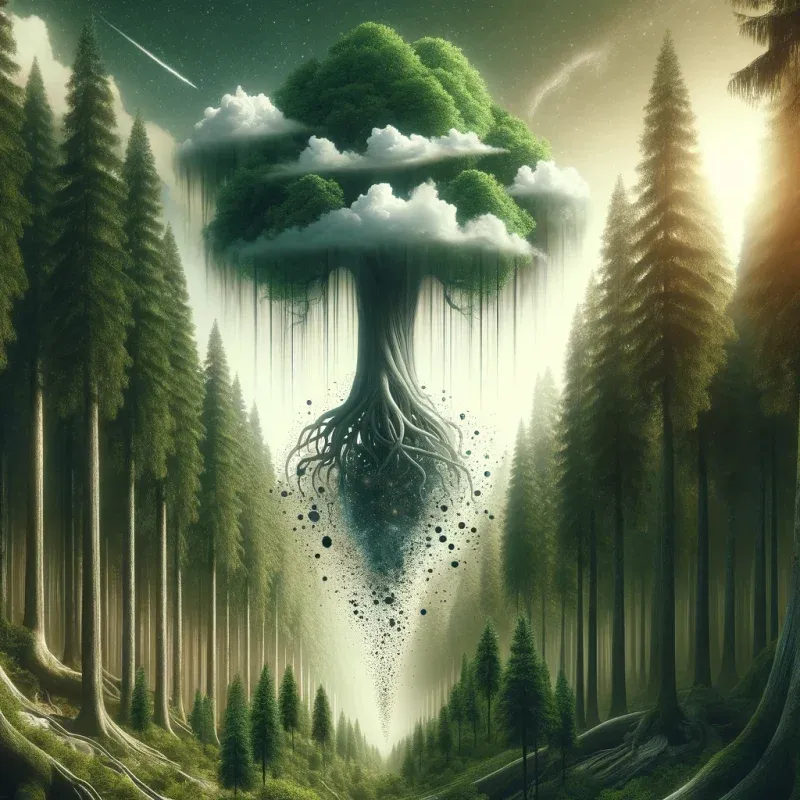 An evocative image of a dense, lush forest with towering trees and a visible flow of carbon particles being absorbed from the atmosphere into the trees, symbolizing the forest’s role as a reliable carbon sink in mitigating climate change.