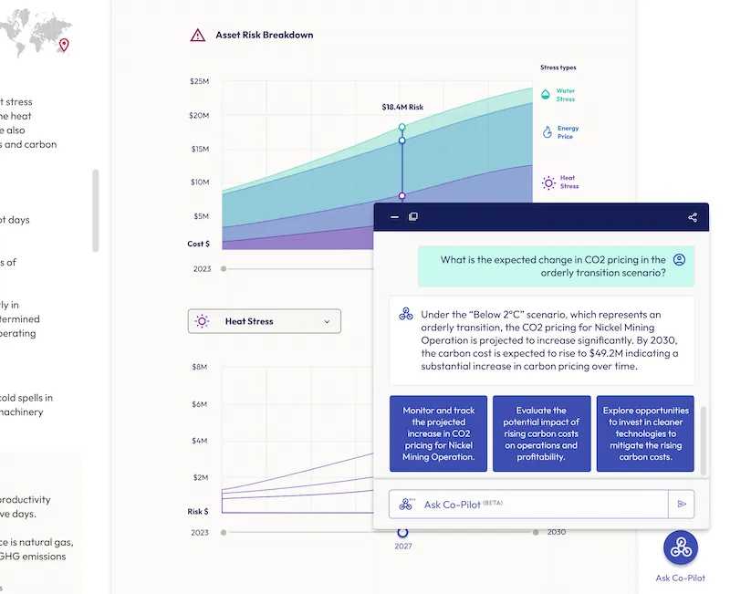 Screenshot of Earthena’s software showing climate risk forecasts