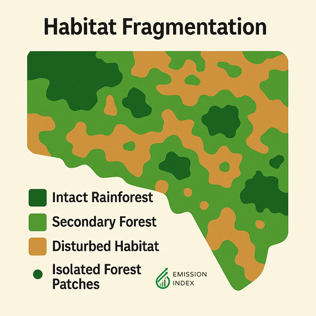 Map-style graphic depicting habitat fragmentation with areas marked as intact rainforest, secondary forest, disturbed habitat, and isolated forest patches.