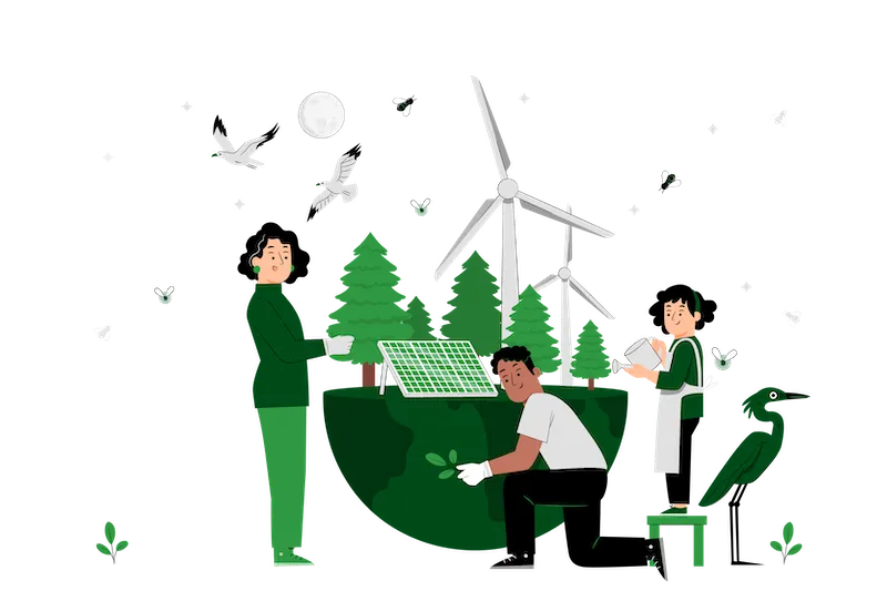 “Illustration titled ‘Amazon’s Renewable Energy Projects and Initiatives’ featuring three people working on renewable energy projects on a globe.”