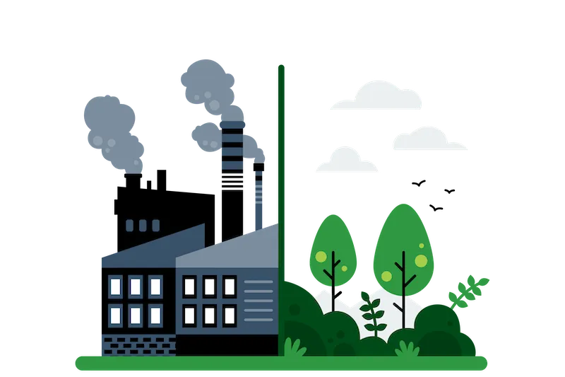 “Illustration titled ‘How is Amazon Engaging its Network to Reduce Supply Chain Emissions?’ featuring a scale balancing forest and industry.”