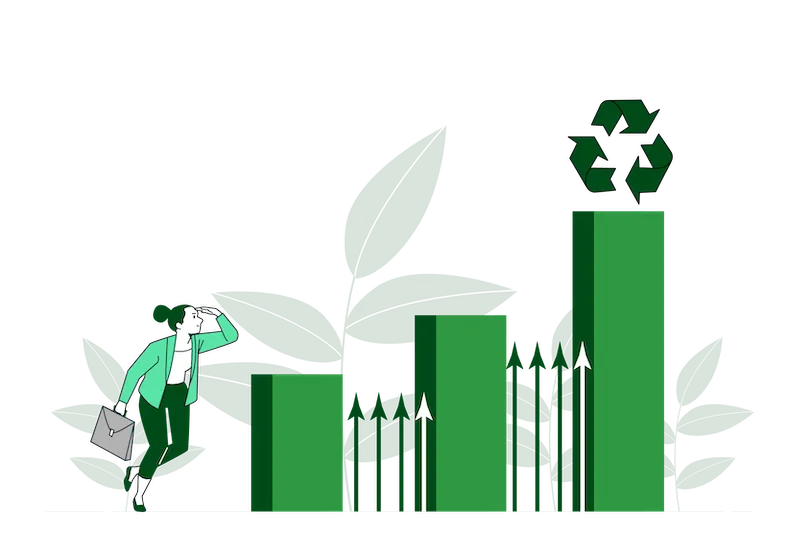 “Illustration titled ‘Milestones and Achievements’ featuring a woman observing a graph of sustainability milestones.”