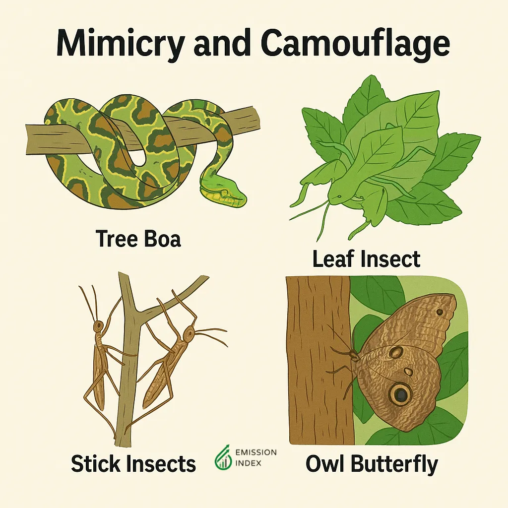 Visual examples of rainforest mimicry and camouflage, including a tree boa, leaf insect, stick insects, and an owl butterfly blending into their natural surroundings.