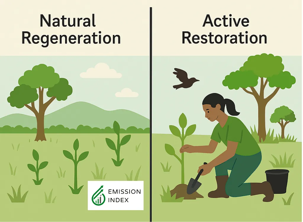 A split design comparing approaches where nature is allowed to recover with minimal human intervention (natural regeneration) versus more hands-on methods (planting, reintroduction of species)