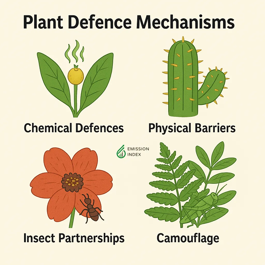 Illustration showing four common plant defence mechanisms: chemical defences, physical barriers (thorns), insect partnerships, and camouflage.