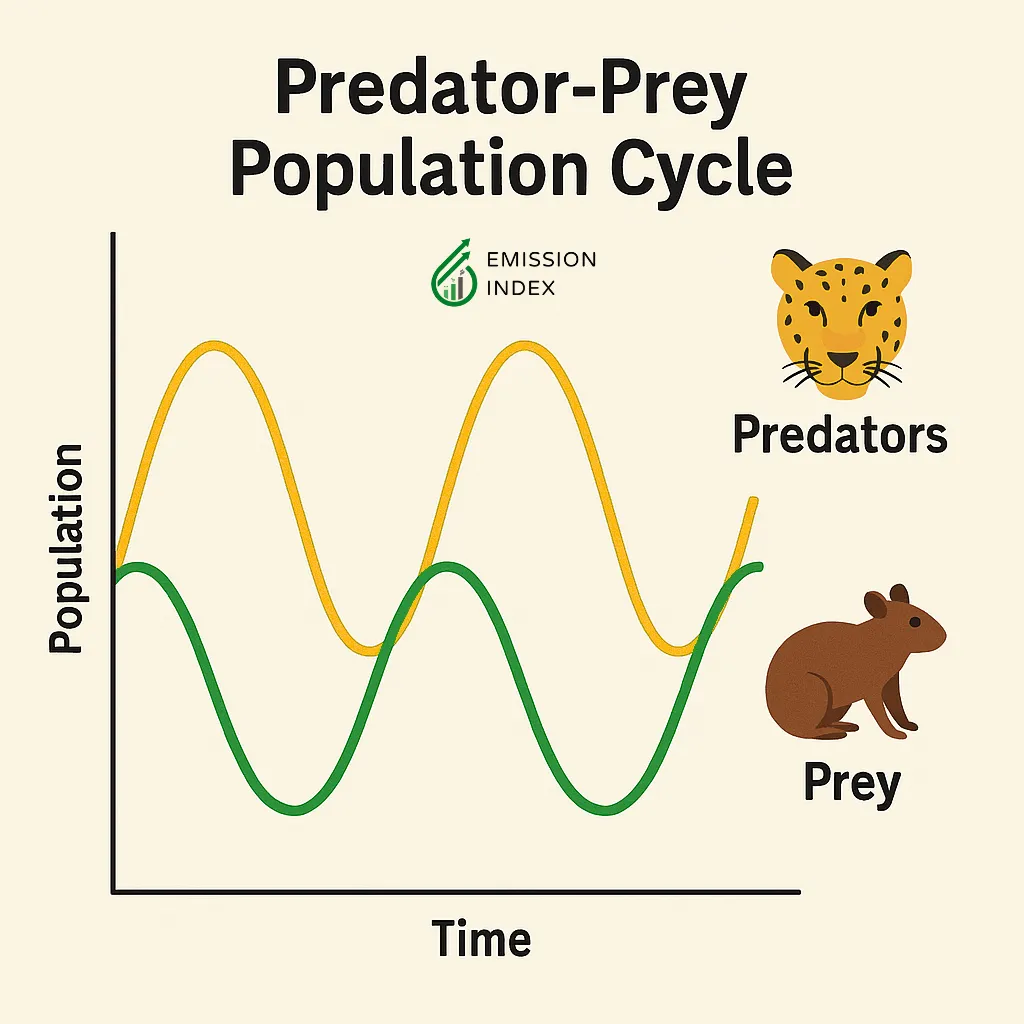 A simple graph illustrating the predator-prey population cycle, showing predators (jaguar) and prey (rodent) populations fluctuating inversely over time.