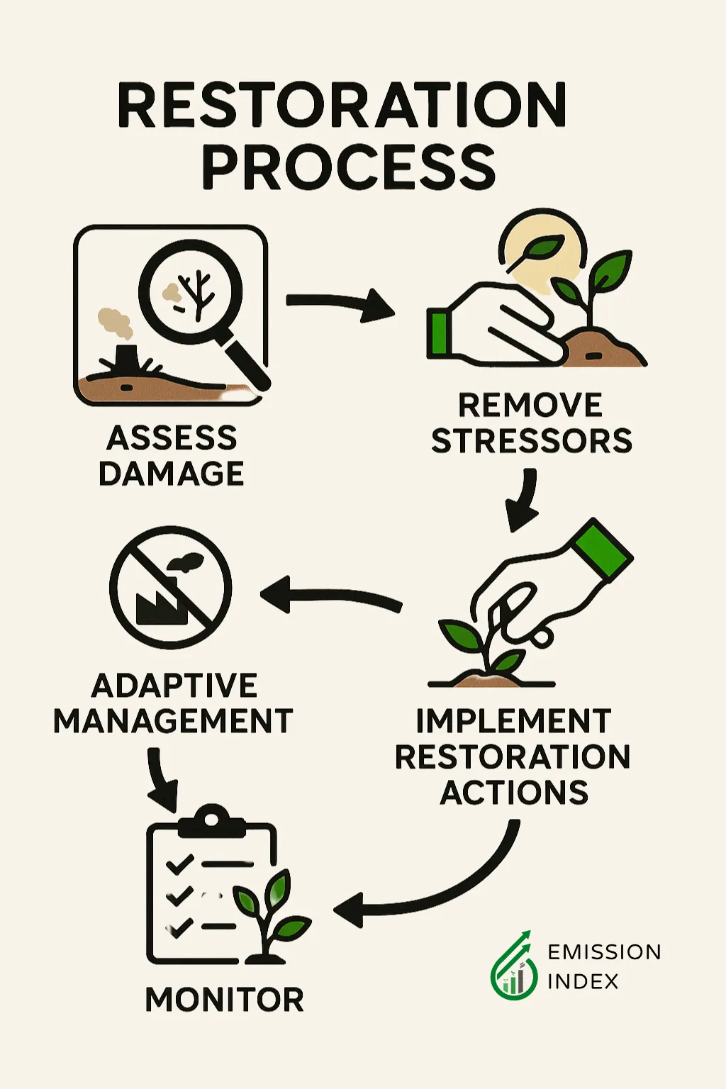 A step-by-step diagram outlining the phases of restoration (“Assess Damage,” “Remove Stressors,” “Implement Restoration Actions,” “Monitor,” and “Adaptive Management.”). The image provides a clear framework of the logical stages involved in restoring a degraded ecosystem, making the process more transparent.