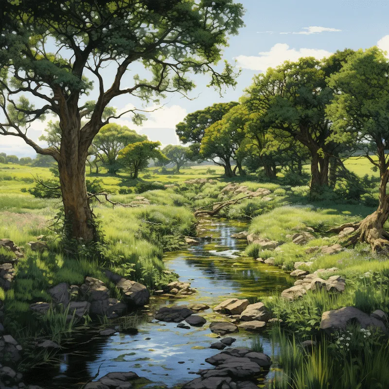 A dynamic landscape where a lush strip of native trees and shrubs runs along a meandering stream, effectively preventing soil erosion and protecting water quality in a rural setting.