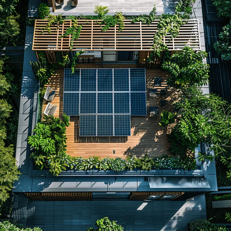 A sunny rooftop with solar panels, surrounded by greenery and clear skies, showcasing their efficiency and environmental benefits