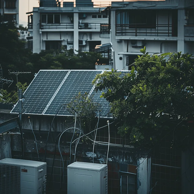 Solar panels arranged on a rooftop, absorbing sunlight with wires connecting them to an inverter and battery storage system