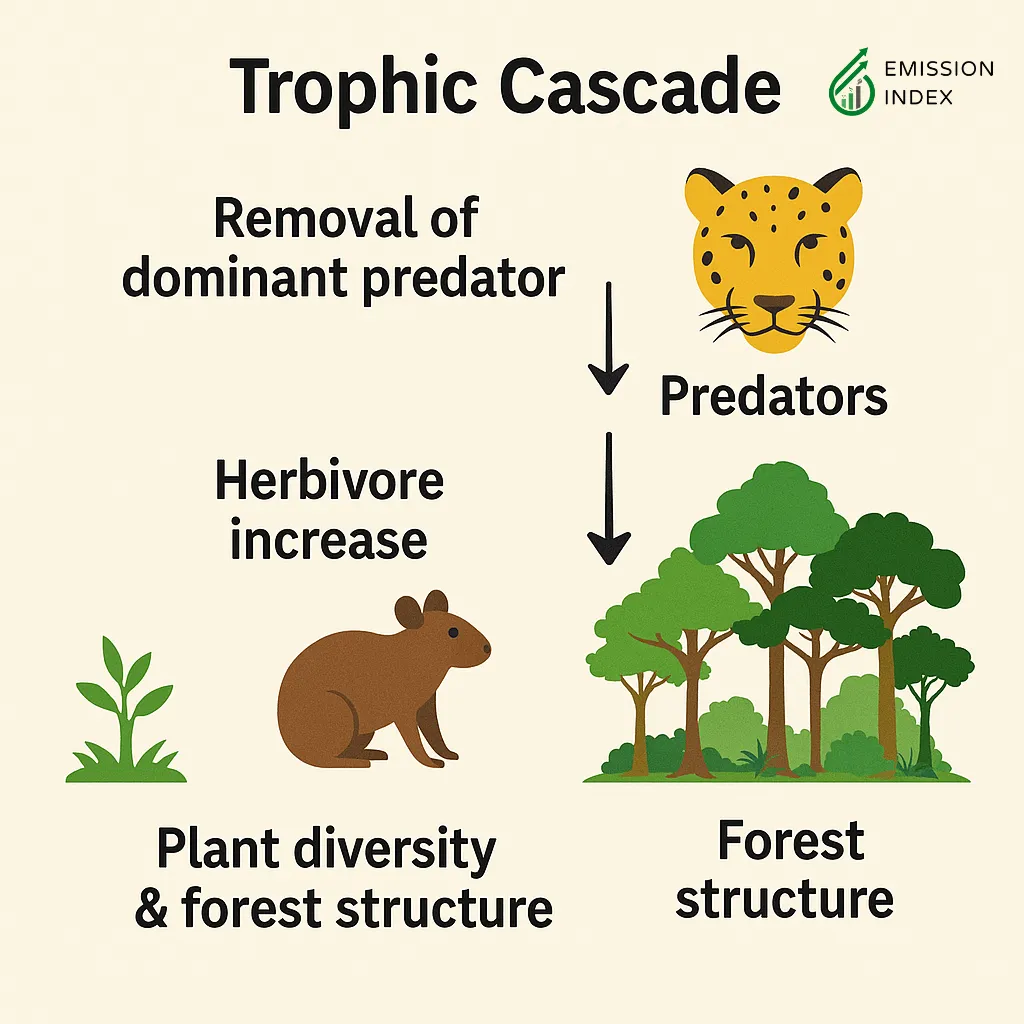 Illustration of a trophic cascade showing how removing a dominant predator (jaguar) leads to increased herbivore populations, reduced plant diversity, and altered forest structure.