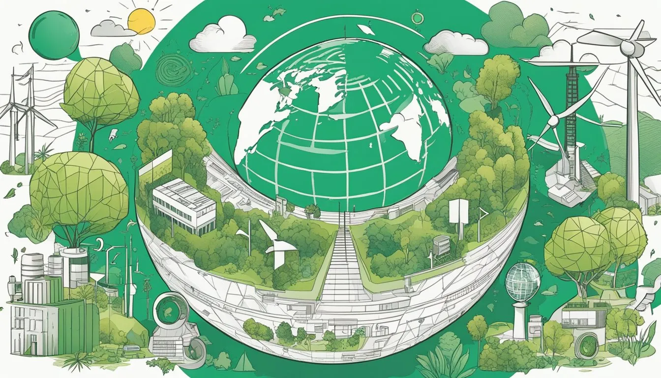 A globe surrounded by various symbols of renewable energy sources, with a clear sky and healthy vegetation in the background