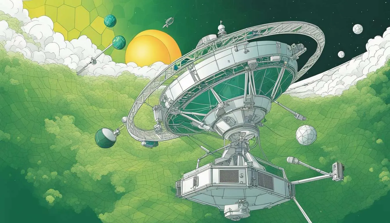 A satellite hovers above Earth, scanning the planet’s surface for greenhouse gas emissions. Data streams back to a control center, where scientists analyse the information