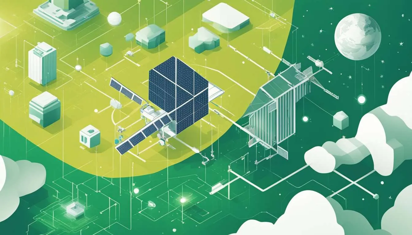 A digital illustration showing a futuristic satellite with solar panels in space. The satellite is depicted as a cube with various connected structures and circuits, floating against a backdrop of green and yellow.