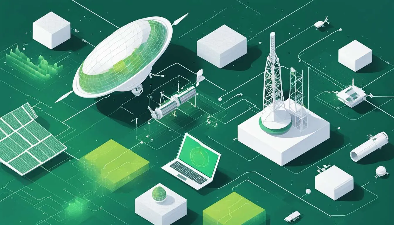 A digital graphic featuring a network of satellite-related devices and systems. In the centre, there is a large dish antenna with green energy symbols, surrounded by solar panels, communication towers, and other geometric shapes such as cubes and rectangular structures.