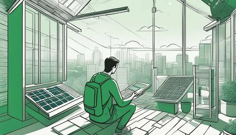 A person contemplating investment in solar panels, with a calculator and financial documents nearby