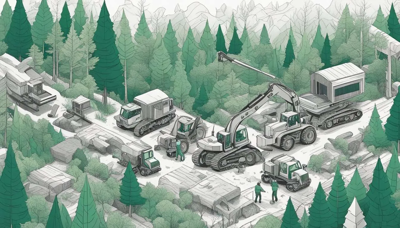 A forest being cleared by machinery, while animals flee from their habitats