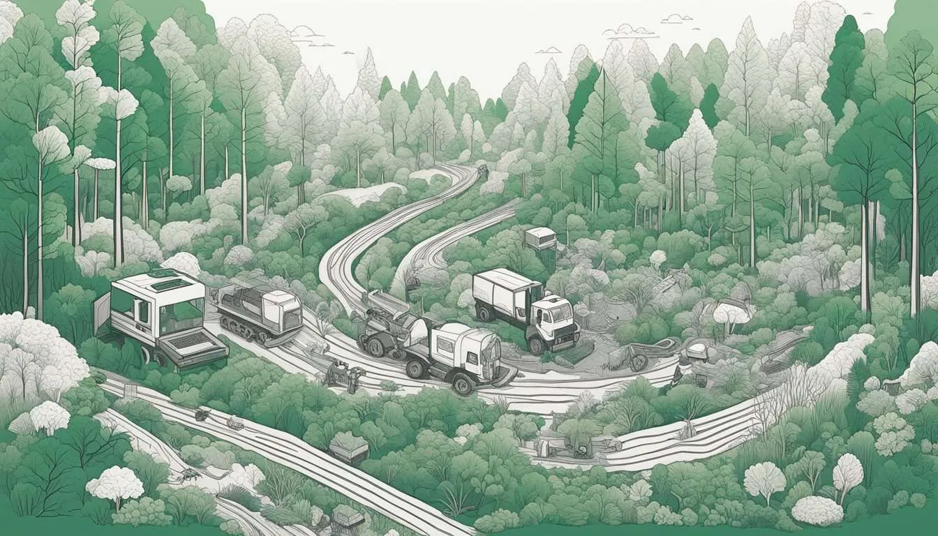 A lush forest being cleared by machines, while animals flee and the earth is left barren