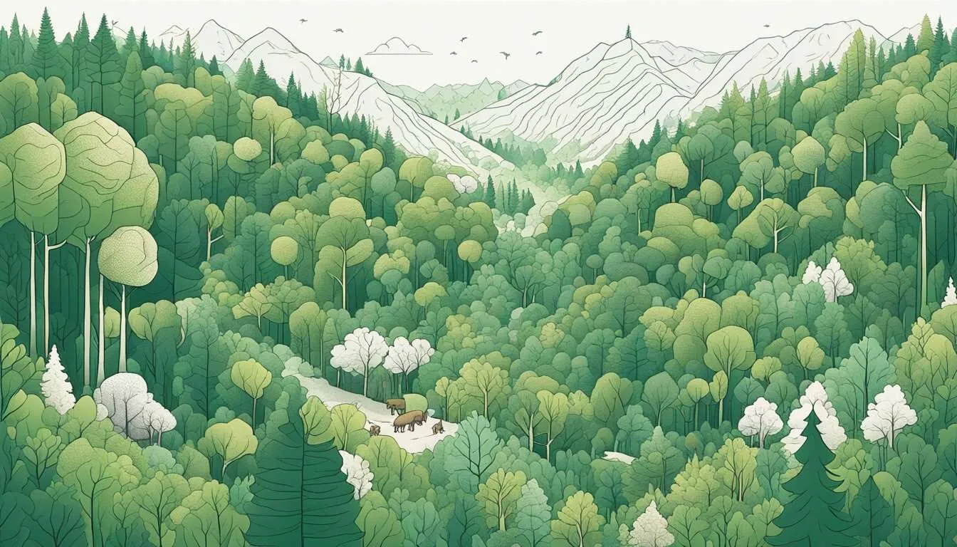A dense forest with vibrant green trees and diverse wildlife, contrasting with a barren, deforested area, highlighting the ethical implications of deforestation