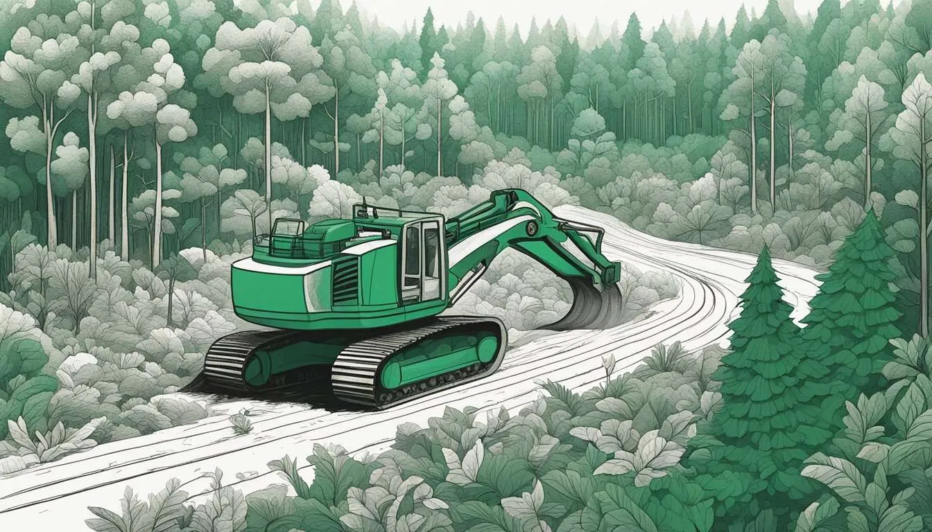 A lush forest being cleared by machinery, leaving behind a barren landscape. The contrast between the untouched and deforested areas highlights the ethical dilemma