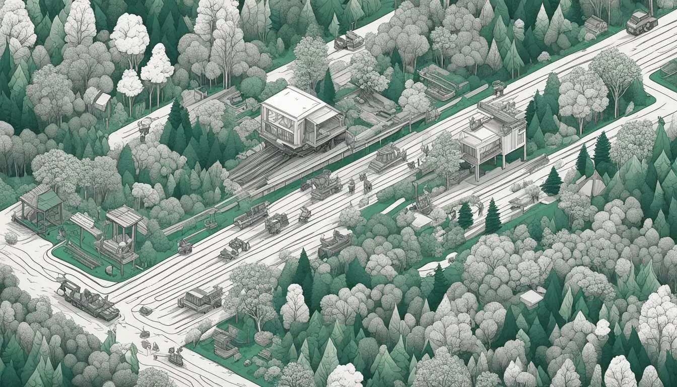 A lush forest being clear-cut by machinery, while animals flee and indigenous people protest