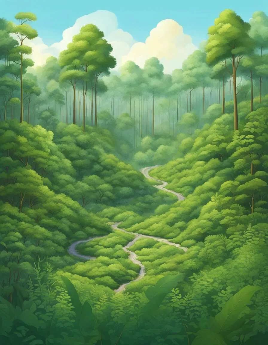 A dense forest is being cleared, creating a gap in the ecosystem. Invasive species take advantage, spreading and disrupting the balance of the environment.