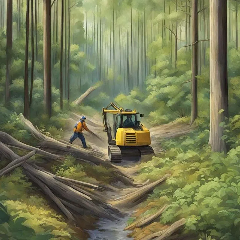 The scene shows a forest being cleared, making way for invasive species to take over the newly exposed land. The once diverse ecosystem is now vulnerable to the spread of these aggressive species.