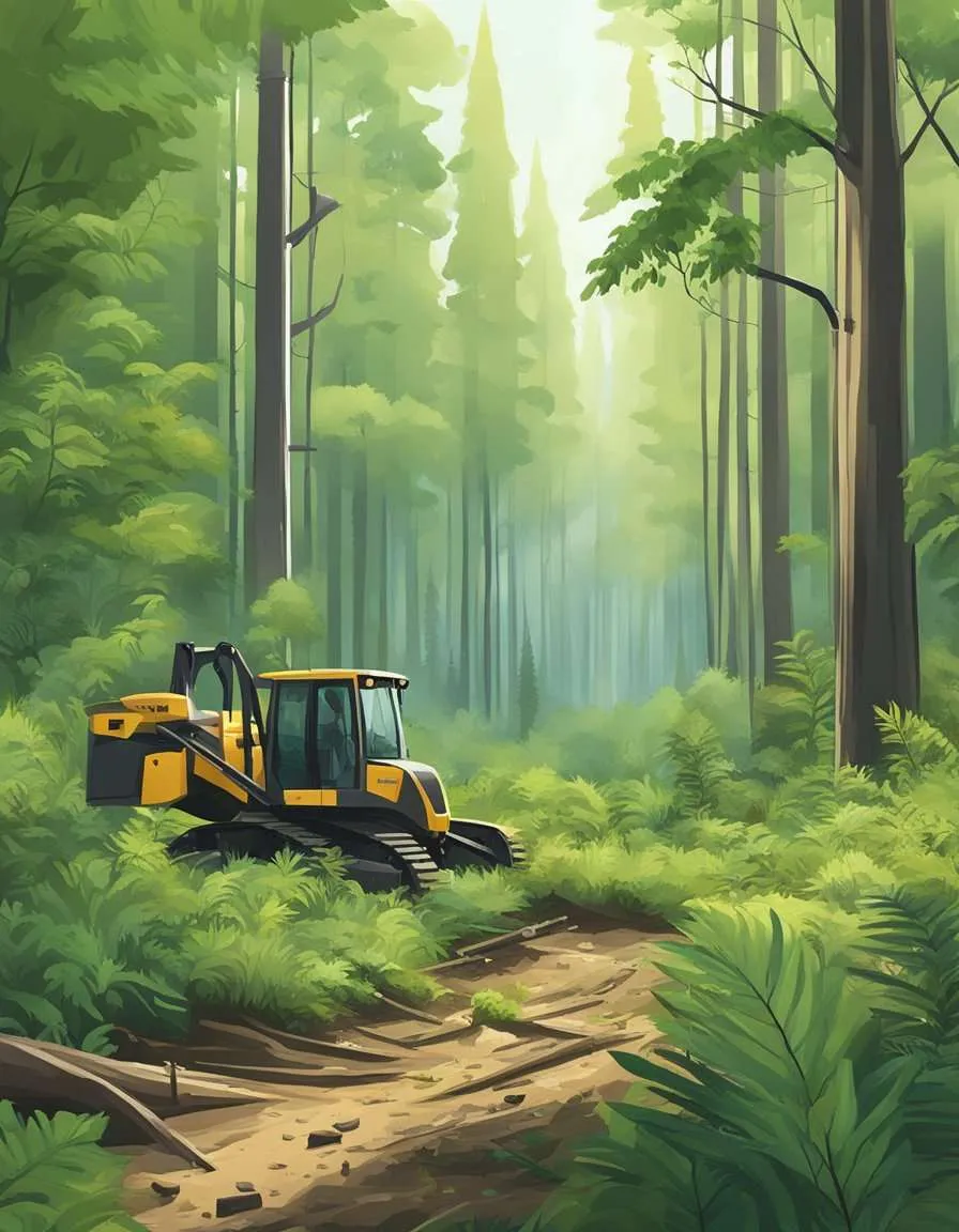 Lush forest being cleared, making way for invasive species to take over. Research articles and data charts in the background
