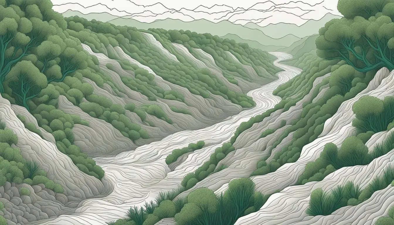 The barren landscape is marked by deep gullies and exposed roots, as sediment-laden water flows into a once pristine river