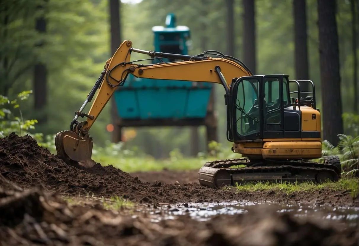 Mini digger excavating soil.