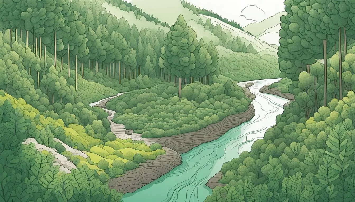 Lush forest clearing, exposing soil erosion into nearby river, impacting water quality and reducing biodiversity