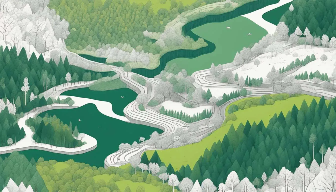 A landscape with clear-cut forests, eroded soil, and polluted water sources, showing the impact of deforestation on watershed management