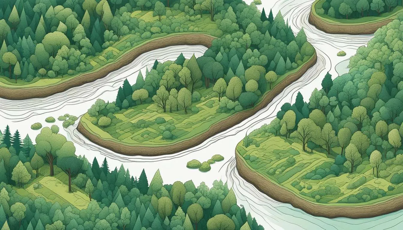A lush forest is being cleared, exposing bare soil and eroding riverbanks. Wildlife habitats are destroyed, and water quality is compromised