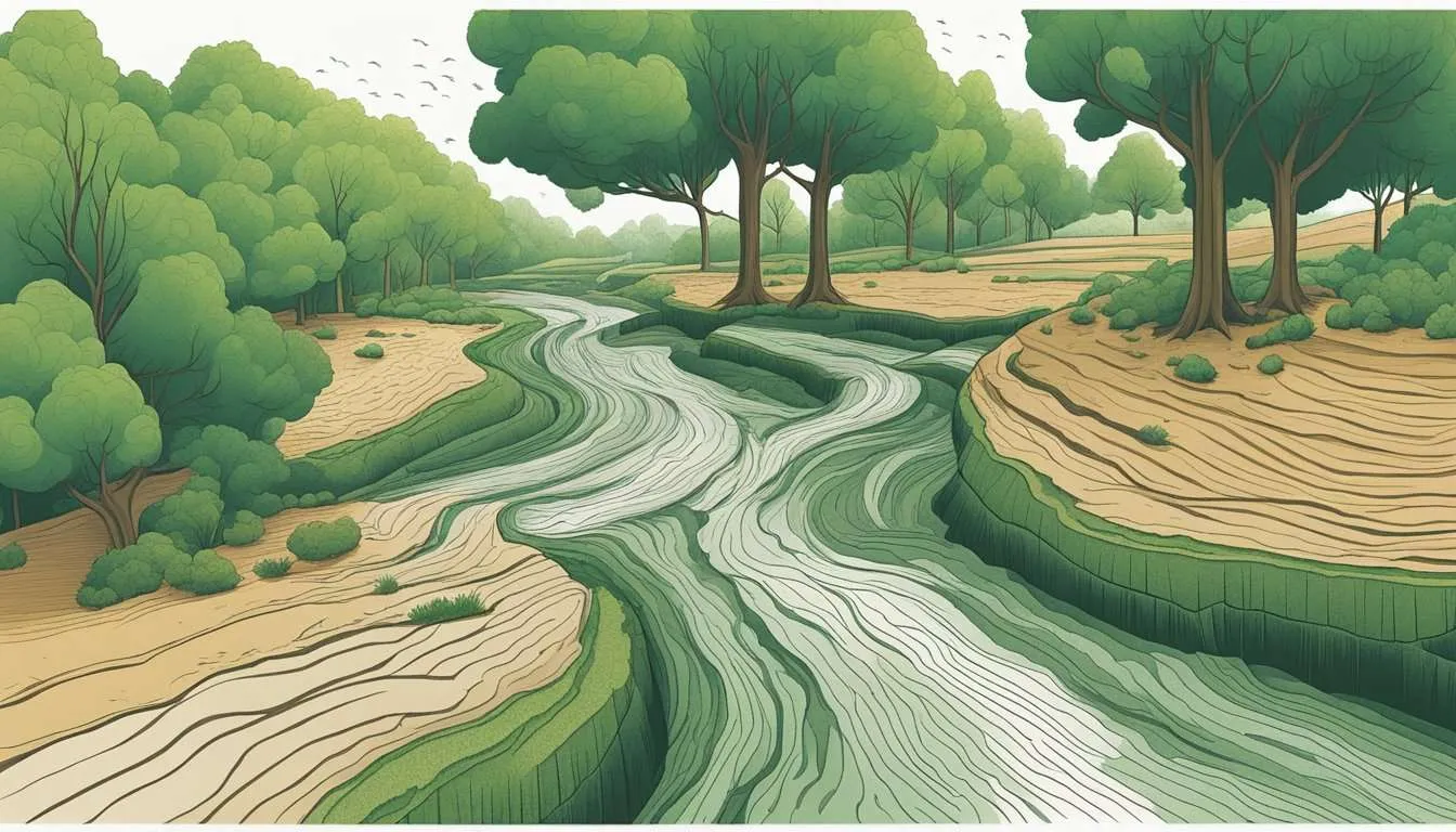 Trees are being cut down, leaving bare soil exposed. Rain washes away topsoil, leading to erosion and sedimentation in the nearby river.