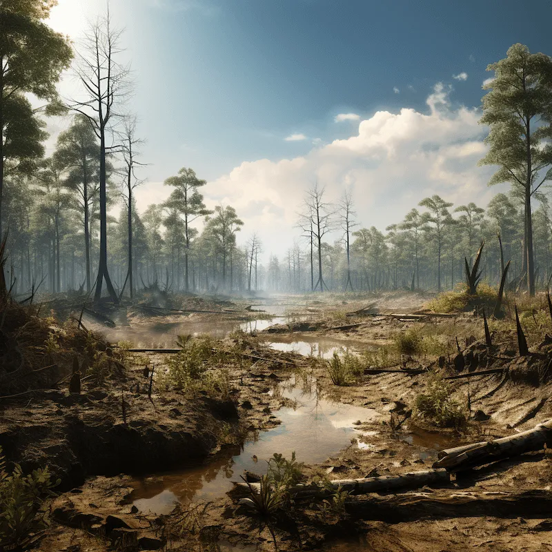 Vast cleared area with only a few tall pine trees remaining. The ground is dry and cracked, littered with felled trees and uprooted stumps, highlighting the devastating facts about deforestation’s impact on forest ecosystems.