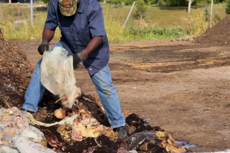 A community-based composting initiative by Detroit Dirt. The image shows a large outdoor composting area filled with organic waste, highlighting the process of turning food scraps and yard waste into nutrient-rich soil.