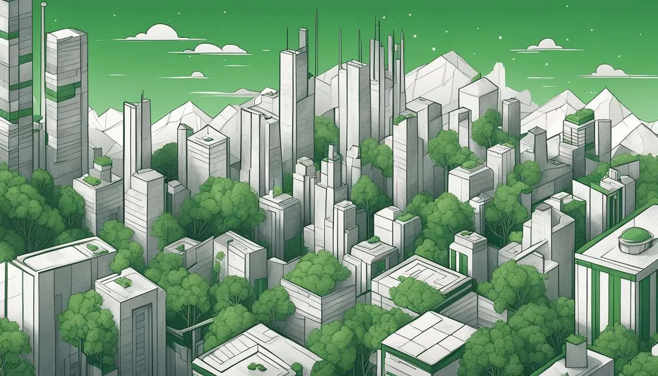 A city skyline with towering, angular buildings made of raw concrete and adorned with greenery, juxtaposing industrial and natural elements