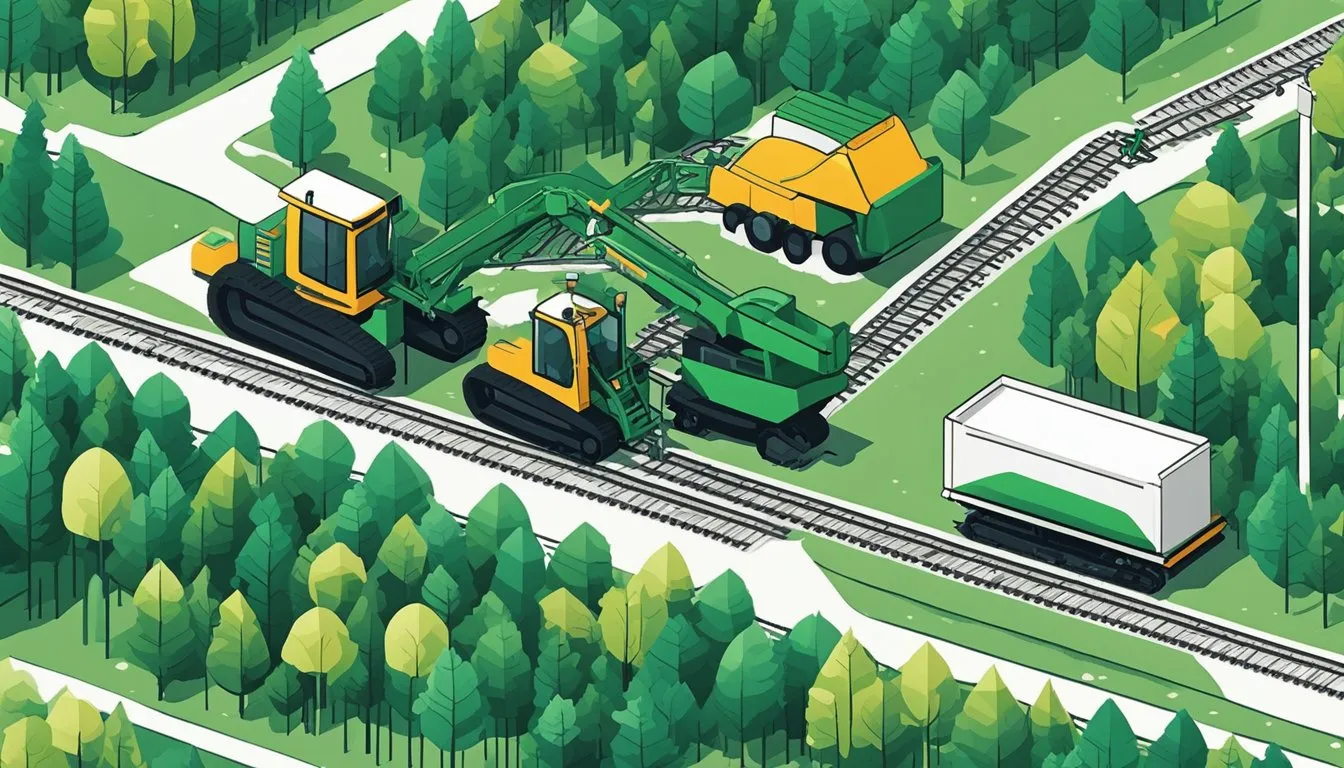 Agricultural machinery clearing trees for crops, while infrastructure encroaches on forested areas